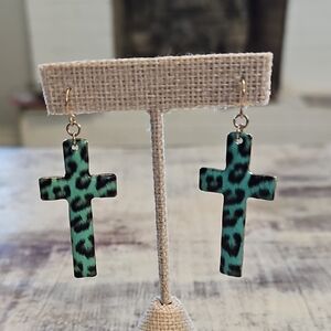 ✝️ Aqua Teal Leopard Print Cross Dangle Earrings